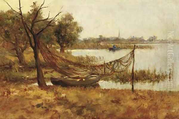 Fishing nets drying in a polder landscape Oil Painting by Jan Hillebrand Wijsmuller