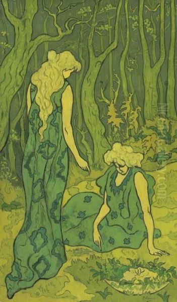 Deux Jeunes Filles Devant La Tete D'orphee Or Femmes Dans La Foretor Symphonie De Verts Oil Painting by Paul-Elie Ranson