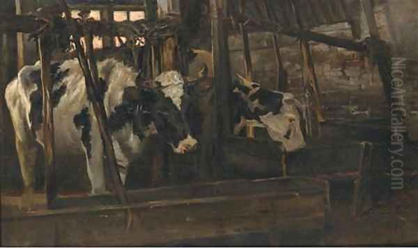 Koestal cows in a stable Oil Painting by Jan Hillebrand Wijsmuller