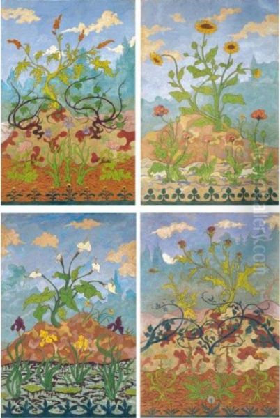 Four Decorative Panels: 
Tournesols Et Pavots; Arums Et Iris Violets Et Jaunes; Chardons Et 
Digitales; Iris Et Grandes Fleurs Jaunes Et Mauves Oil Painting by Paul-Elie Ranson