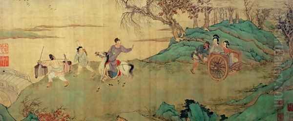 The Student Chang Bidding Farewell to his lover Ying Ying at the Rest Pavilion, detail of an illustration of Xi Xiang Ji (Romance of the Western Chamber) Oil Painting by Zhengming Wen