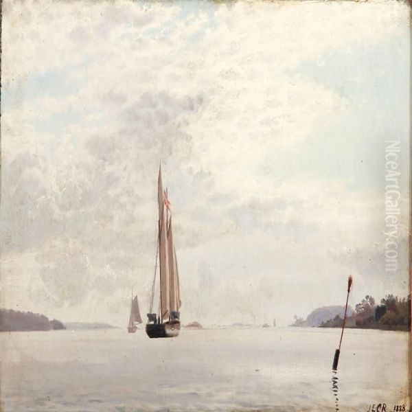 Seascape With Sailing Ships In A Fiord Oil Painting by J.E. Carl Rasmussen