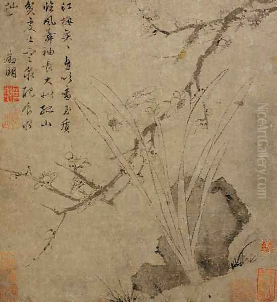 Plum Blossoms, Rock, and Narcissus Oil Painting by Zhengming Wen