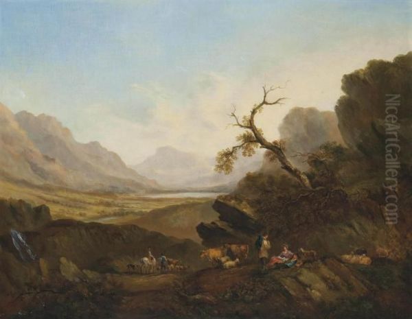 An Extensive River Landscape With Figures Resting, Cattle And Sheep, Mountains Beyond Oil Painting by John Rathbone