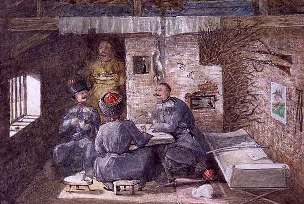 Cossak Hut Interior in Russia, 12 Miles West of Kertch, 1855 Oil Painting by General E.W. Wray