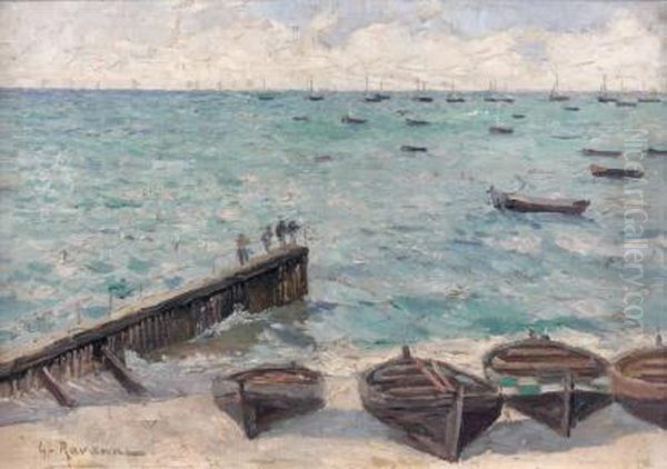 Barques Sur La Plage Oil Painting by Leon Gustave Ravanne