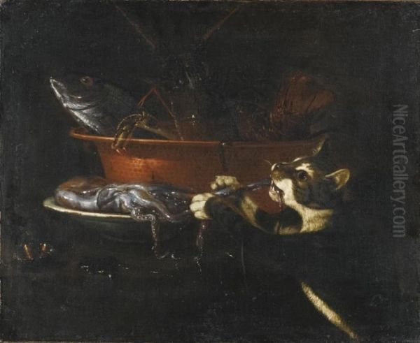 A Still Life With Seafood In A Copper Pan, A Cat Pinching A Squid From A Plate Oil Painting by Giuseppe Recco