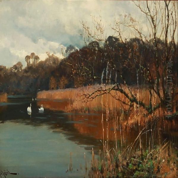 Swans On A Forest Lake Oil Painting by Arthur Walker Redgate