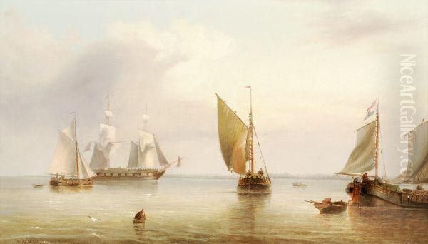 Vessels Off The Coast In Calm Waters Oil Painting by Henry Redmore