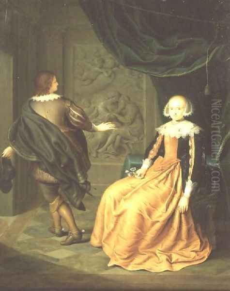 A Lady in an Orange Dress with Cavalier taking his Leave Oil Painting by Gerard Wigmana