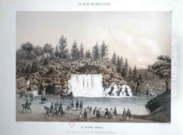 The Big Cascade in the Bois de Boulogne in Paris, published by Caudrilier, 1860 Oil Painting by J. Walter