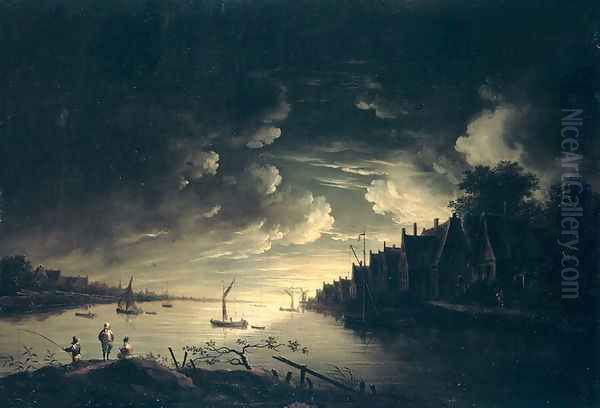 River Landscape by Moonlight Oil Painting by Jan Ludewick de Wouters