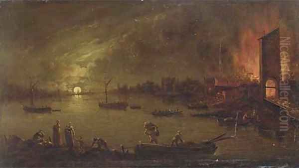 A moonlit riverside town on fire Oil Painting by Jan Ludewick de Wouters