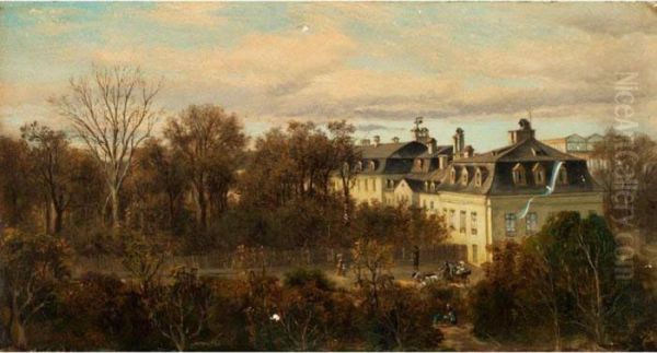 Blick Auf Eine Stadtische Hausergruppe Im Park Mit Einer Grossen Orangerie Oil Painting by Conrad Reinherz