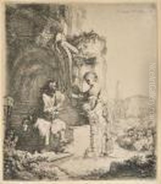 Christ And The Woman Of Samaria: Among Ruins Oil Painting by Rembrandt Van Rijn