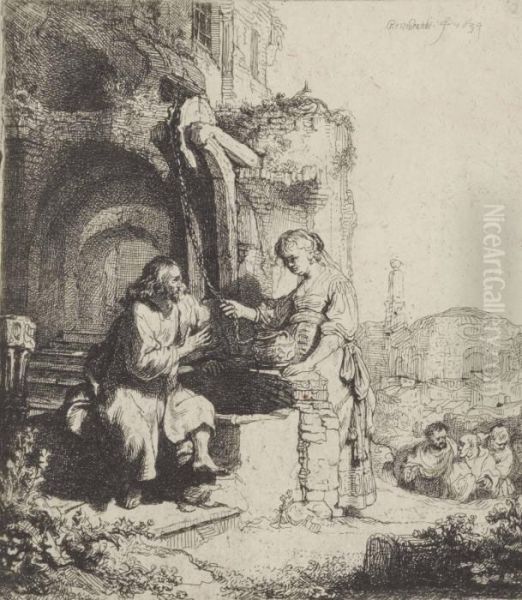 Christ And The Woman Of Samaria Among Ruins Oil Painting by Rembrandt Van Rijn