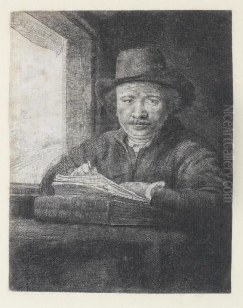 Self Portrait Drawing At A Window Oil Painting by Rembrandt Van Rijn