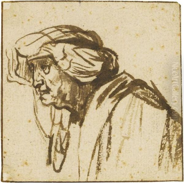 Head Of An Old Woman Wearing A Turban Oil Painting by Rembrandt Van Rijn