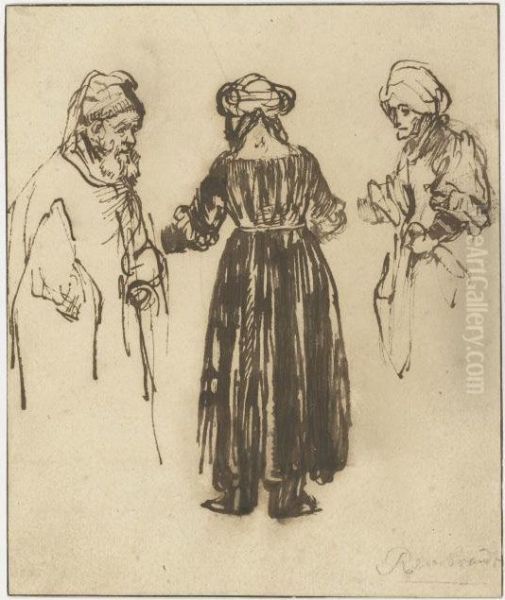 Figure Studies Of A Bearded Man And Two Women Oil Painting by Rembrandt Van Rijn