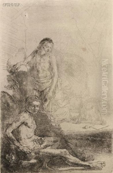 Nude Man Seated Before A Curtain by Rembrandt Van Rijn