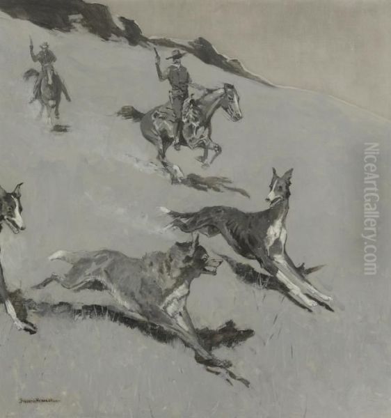 With The Wolfhounds [coursing With The Greyhounds] Oil Painting by Frederic Remington