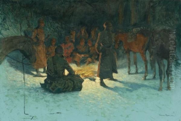 A Halt In The Wilderness [halt To Warm; Halt Of A Cavalry Patrol To Warm] Oil Painting by Frederic Remington