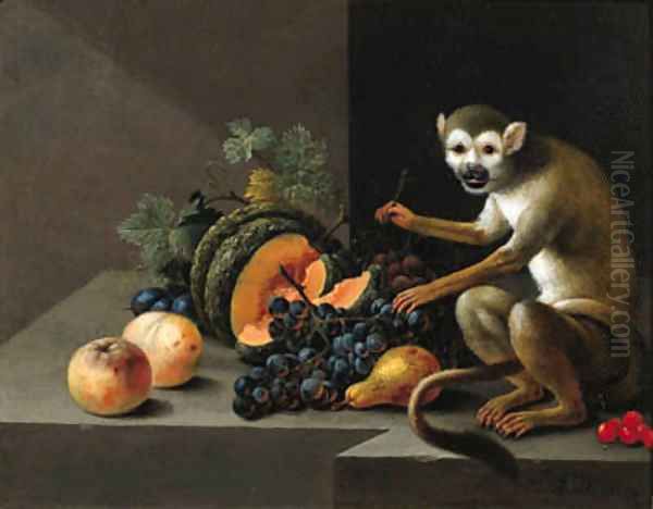 A monkey with grapes, peaches, a melon and other fruit on a stone ledge Oil Painting by Johann Amandus Winck