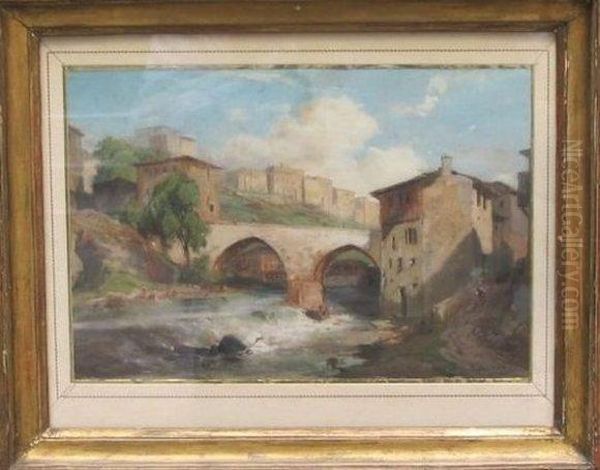 Village Avec Pont Enjambant Une Cascade Oil Painting by Jean-Charles Joseph Remond