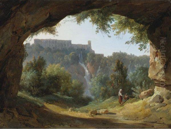 View Of Tivoli From A Grotto Oil Painting by Jean-Charles Joseph Remond