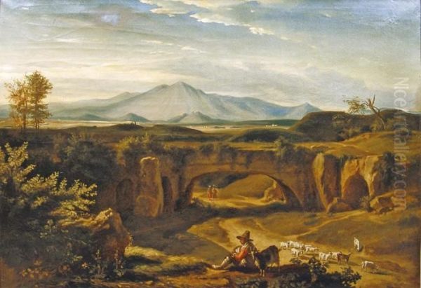  Paysage Napolitain Anime De Paysans Et Vue Sur Le Vesuve Oil Painting by Jean-Charles Joseph Remond