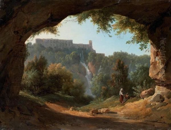 Tivoli From A Grotto Oil Painting by Jean-Charles Joseph Remond