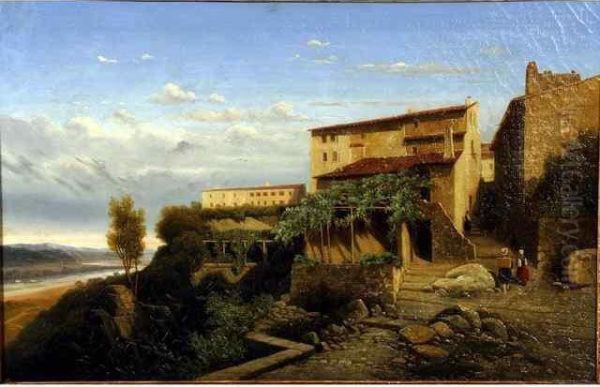 Vue Dun Village Au Bord Dutibre Huile Sur Toile 39 X 60 Oil Painting by Jean-Charles Joseph Remond