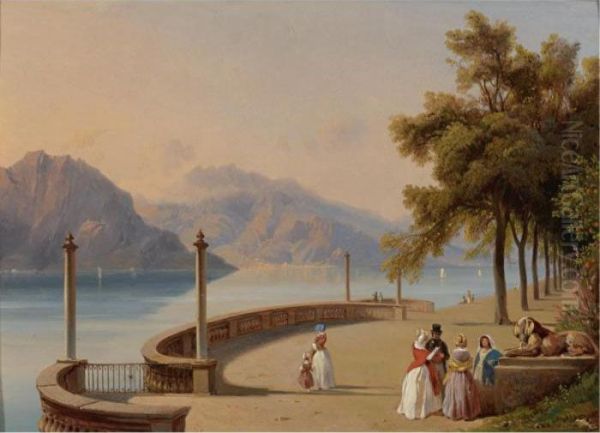 The Terrace Of The Villa Melzi, Overlooking Lake Como Oil Painting by Jean-Charles Joseph Remond