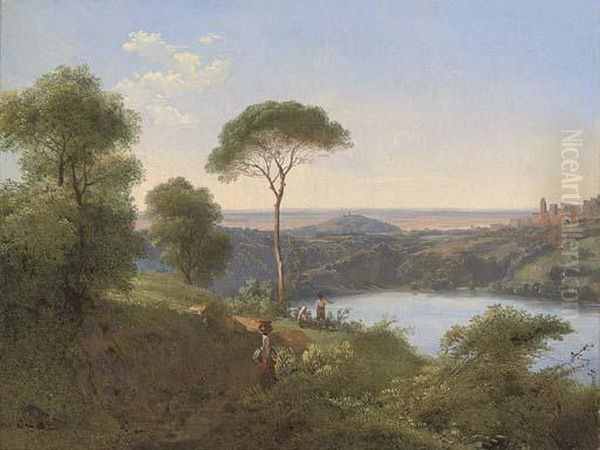 Peasants Before Lake Nemi Near Rome Oil Painting by Jean-Charles Joseph Remond