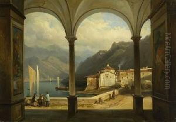 Blick Aus Der Vorhalle Einer
 Kirche Auf Einen Sudlichen Gebirgssee. Oil Painting by Jean-Charles Joseph Remond