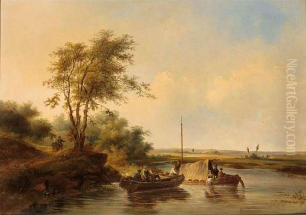 A River Landscape With Boats Oil Painting by Jean-Charles Joseph Remond