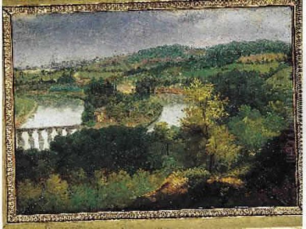 Remond Vue De L'ile Seguin Depuis Le Parc De Saint-cloud Avec Le Vieux Pont De Sevres Oil Painting by Jean-Charles Joseph Remond