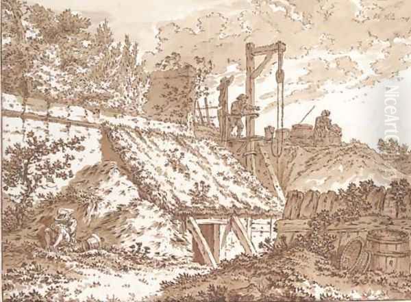 A hut built against a garden wall, figures drawing water at a well beyond Oil Painting by Johann Georg Wille