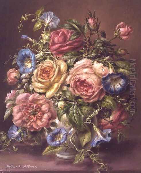 Roses and Columbines in a vase Oil Painting by Arthur Conway Williams