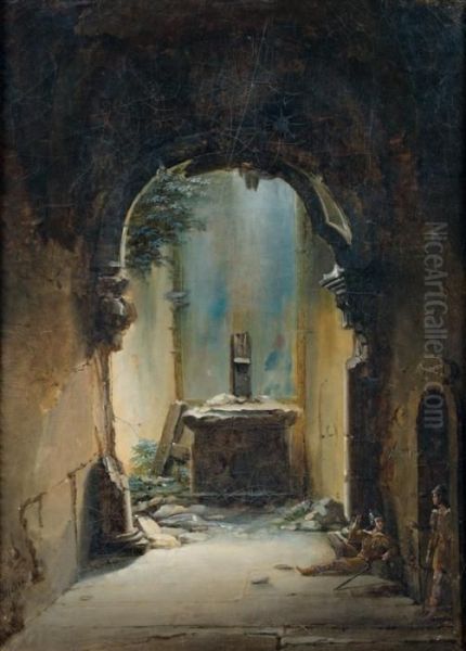 Le Repos Des Gardes Dans Des Ruines Romanes : < Le Chateau D'adolphe > Oil Painting by Charles Caius Renoux