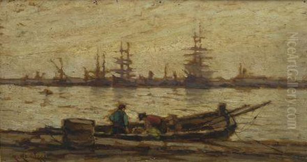 Barche E Pescatori Nel Porto Oil Painting by Renuccio Renucci