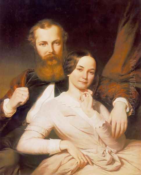 Composer Mihaly Mosonyi and his Wife 1840s Oil Painting by Henrik Weber