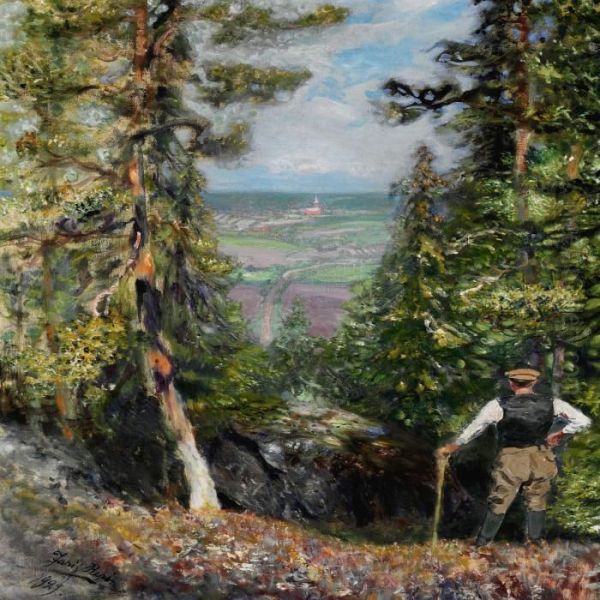 A Russian Forester Pausing And Looking At The Valley Oil Painting by Yuri Ilich Repin