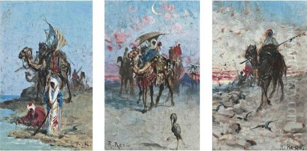 Bedouins In The Desert, A Set Of Three Oil Painting by Raffaello Resio