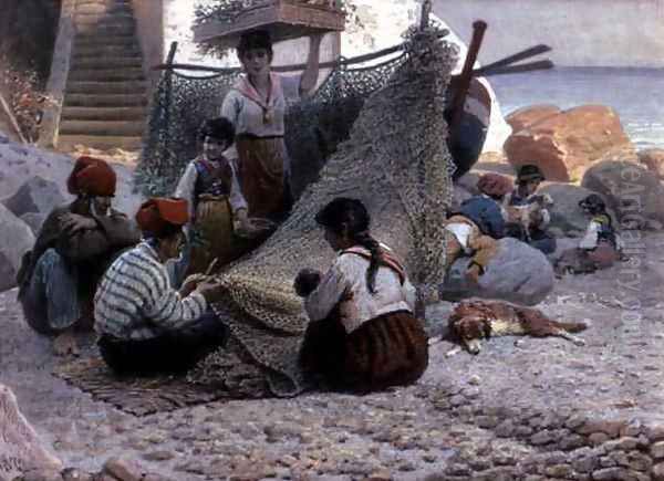 Fishermen Mending Nets in Capri, 1892 Oil Painting by Theodor Leopold Weller