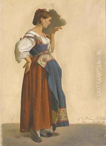 An Italian woman in local costume in profile to the right Oil Painting by Theodor Leopold Weller