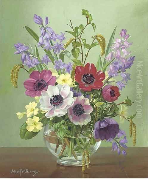 Anenomes, bluebells, primroses and catkins in a glass bowl Oil Painting by Alfred Walter Williams