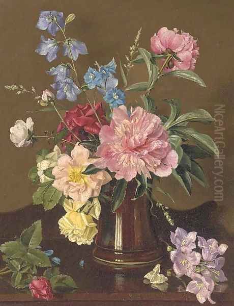 Roses and other summer flowers in a vase on a sideboard Oil Painting by Alfred Walter Williams