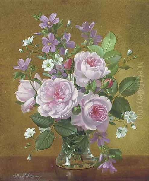 Peonies, bluebells, primroses and catkins in a glass bowl Oil Painting by Alfred Walter Williams