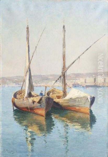 Barques Devant Le Port D'alger Oil Painting by Marius Reynaud